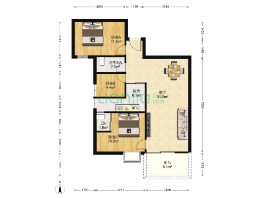 佳居花园B区 3室1厅2卫 91平方