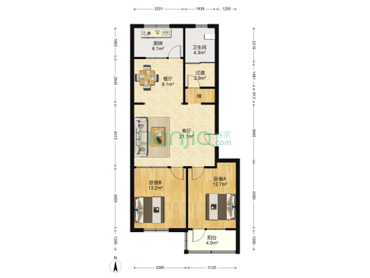 农信宿舍东院 2室2厅1卫 95平方
