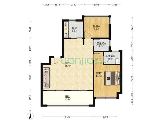 文一墨香轩 2室1厅2卫 96平方