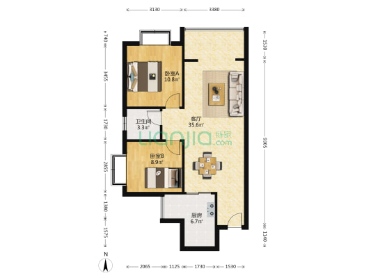 百花庭苑 2室1厅1卫 86平方