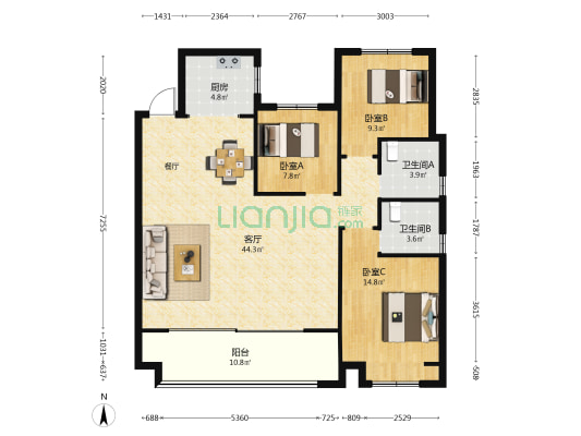 新上海花园 3室1厅2卫 133平方