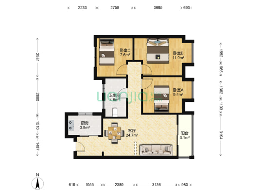 东原乐见城三期 3室1厅1卫 93平方