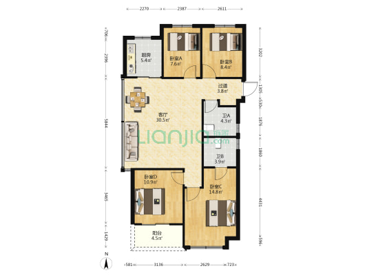 东原东傲城 4室1厅2卫 118平方
