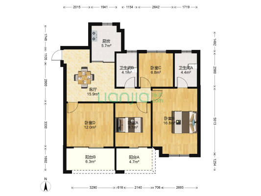 华润橡树湾三期南区 4室1厅2卫 113平方