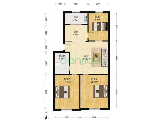 地税局宿舍 3室1厅1卫 105平方