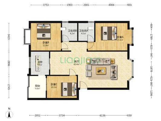 北辰苑 3室1厅2卫 125平方