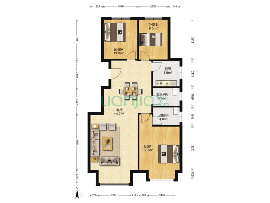 龙河福源 3室1厅2卫 128平方