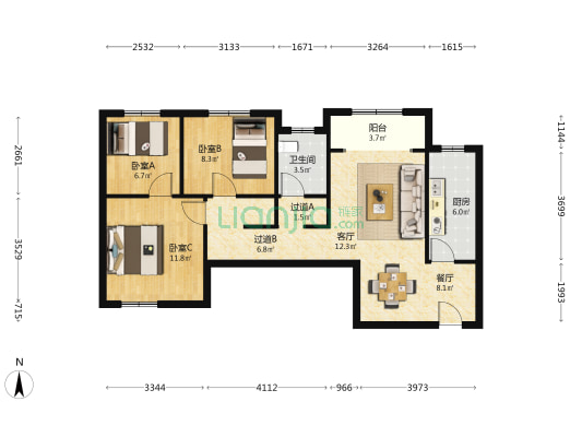 齐悦华府 3室2厅1卫 98平方