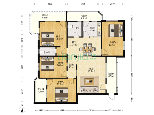 海南省供销社宿舍 4室2厅2卫 128平方