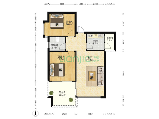 蓝色之都 2室1厅1卫 90平方