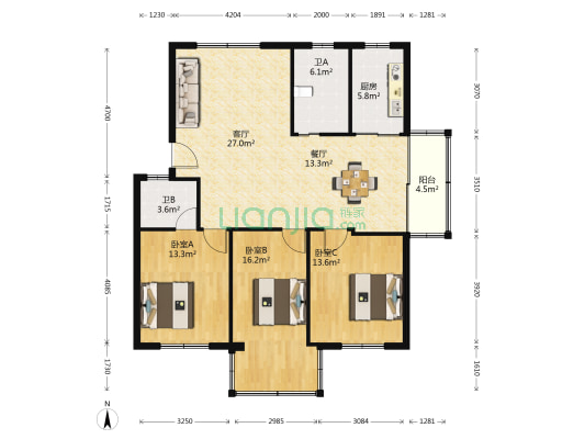 新灵峰公寓中区北区 3室2厅2卫 123平方