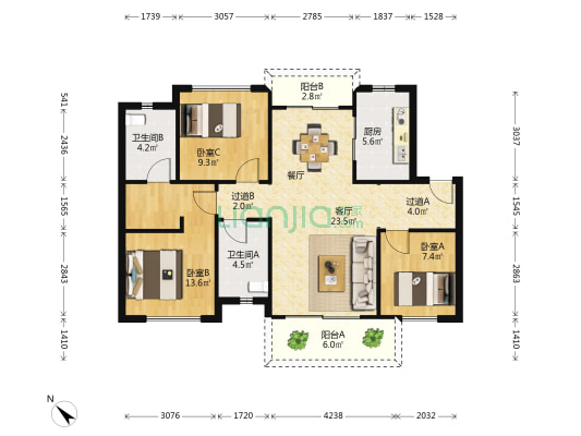 中荟城星尚苑 3室1厅2卫 98平方