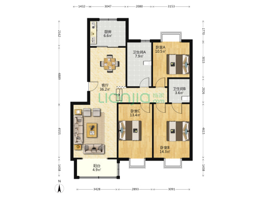 航大小区院楼 3室1厅2卫 116平方