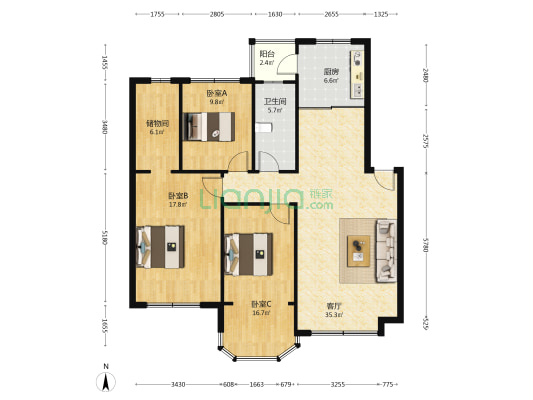 东方银座莱茵城 3室1厅1卫 116平方