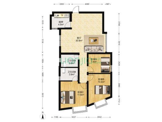 鹏程金湖公寓 3室1厅2卫 106平方