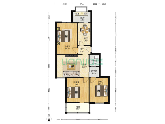 西安铁路局医院家属楼 3室2厅2卫 94平方