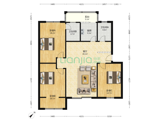 天和苑 3室1厅2卫 125平方