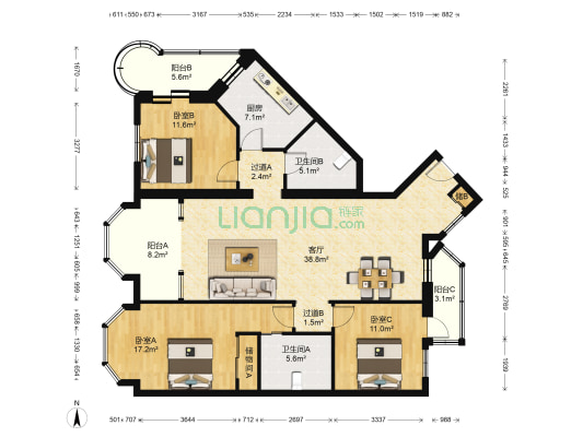 阳光广场 3室1厅2卫 184平方
