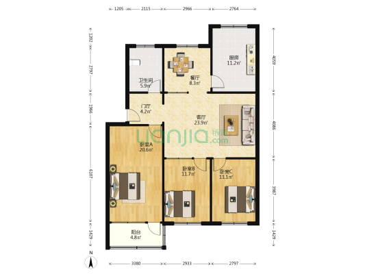 城东红建楼 3室2厅1卫 123平方