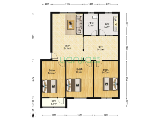 锦州路小区 3室2厅1卫 118平方