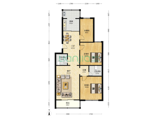 永泰园 2室1厅2卫 122平方
