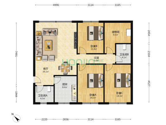 健康路48号 3室1厅2卫 131平方