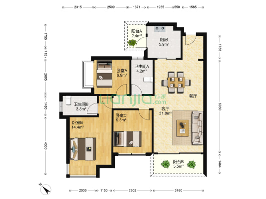 华润置地悦年华·润府 3室1厅2卫 110平方