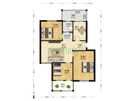 白雪里 3室2厅2卫 97平方