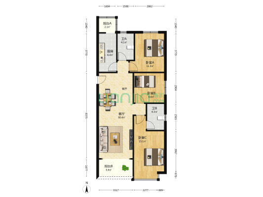 长葛恒大翡翠华庭 3室1厅2卫 118平方