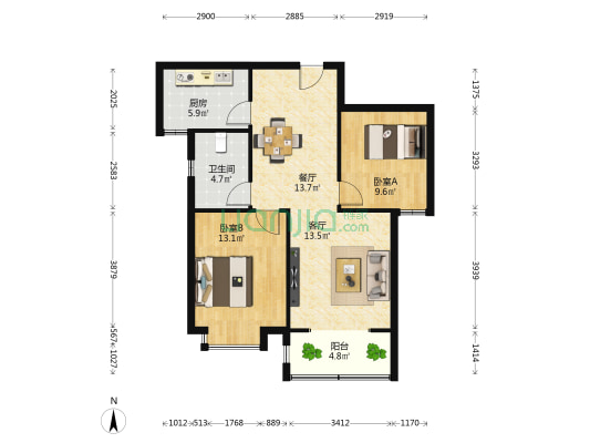 铂宫时代 2室2厅1卫 89平方
