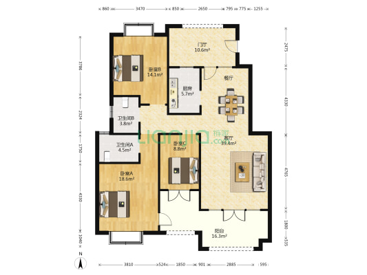 香江健康小镇郁金香园 3室1厅2卫 141平方