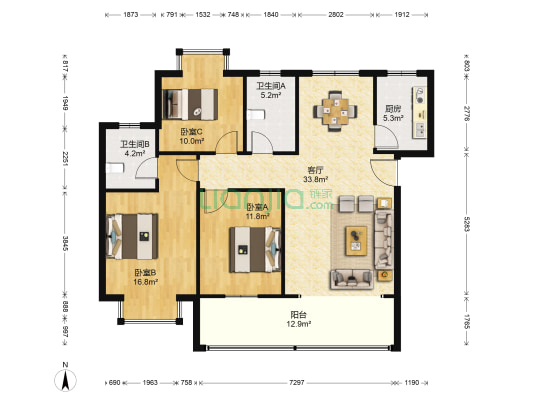 中天佳园 3室1厅2卫 109平方