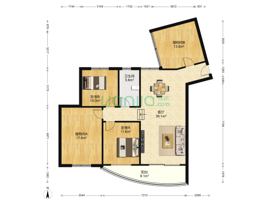 东方广场 2室1厅1卫 135平方
