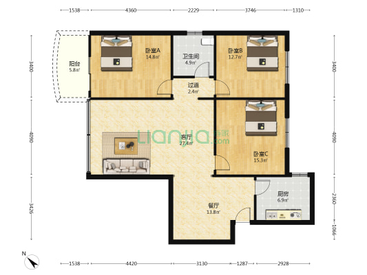 陵江花园 3室2厅1卫 123平方