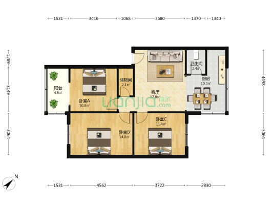 西龙须巷1号 3室1厅1卫 87平方