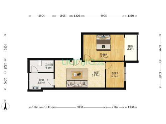 洛阳路125号院 2室1厅1卫 65平方