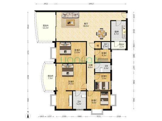 碧桂花城（东区） 5室1厅3卫 155平方