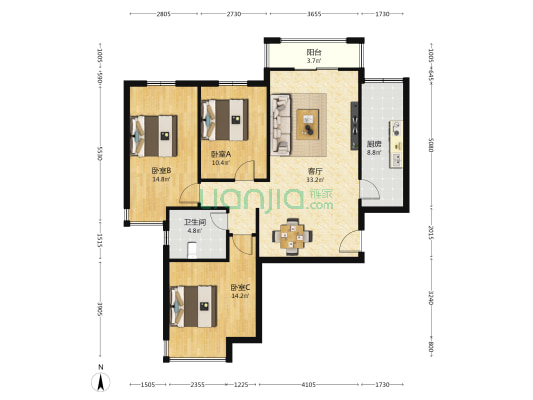 铁道中州家园 3室1厅1卫 120平方