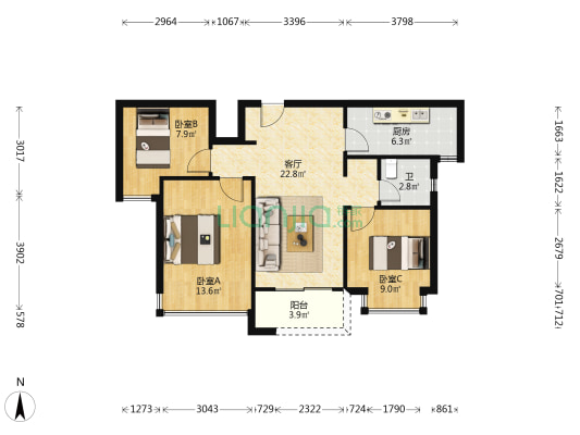 万科金色梦想 3室1厅1卫 89平方