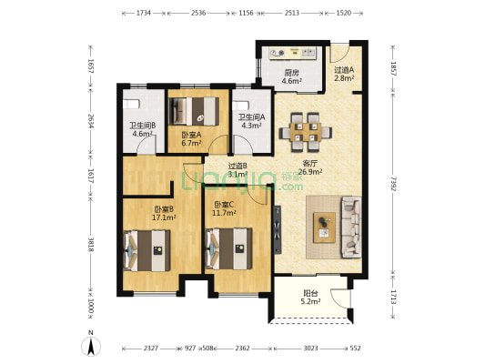 中海长安府 3室1厅2卫 115平方