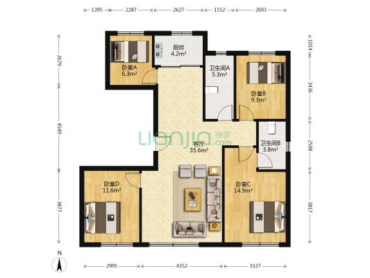 万龙净月上院 4室1厅2卫 129平方