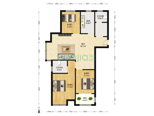 城投国际广场 3室1厅2卫 124平方