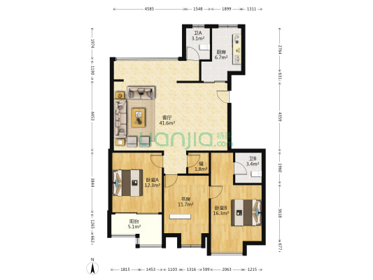 龙祥嘉园 3室1厅2卫 132平方
