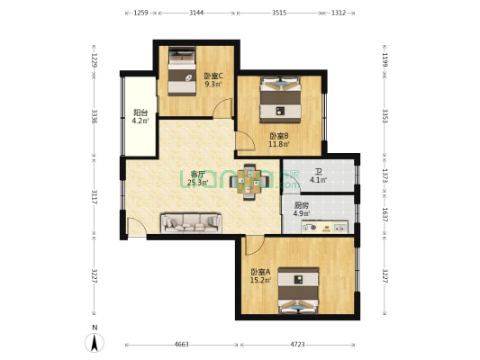 广东省公路勘察规划设计院宿舍 3室1厅1卫 84平方