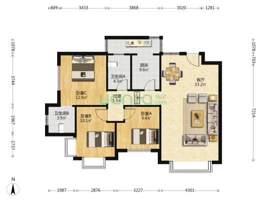 金峰大厦 3室1厅2卫 110平方