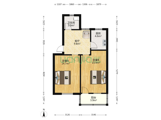 朱方路206号院 2室1厅1卫 62平方