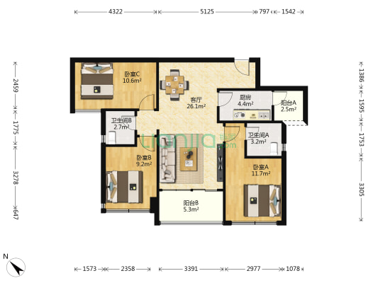 悦未来 3室1厅2卫 81平方