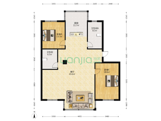 联富花苑 2室1厅2卫 140平方