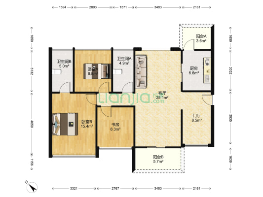 领尚天地 3室1厅2卫 96平方
