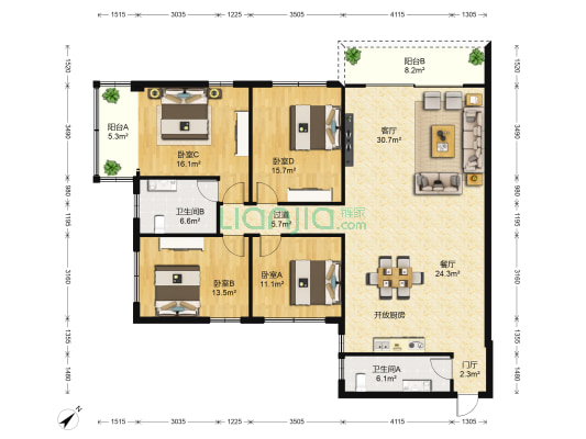 方圆公寓 4室2厅2卫 145平方